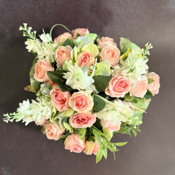 Faux Pink Rose Floral Arrangement Centerpiece in Ceramic Pearl Bowl - Picture 5 of 11